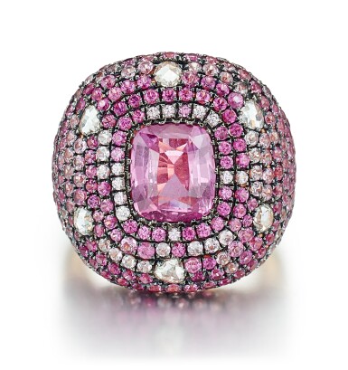 View full screen - View 1 of Lot 9119. PINK SAPPHIRE AND DIAMOND RING, MICHAEL YOUSSOUFIAN | 粉紅色剛玉 配 鑚石 戒指, Michael Youssoufian.