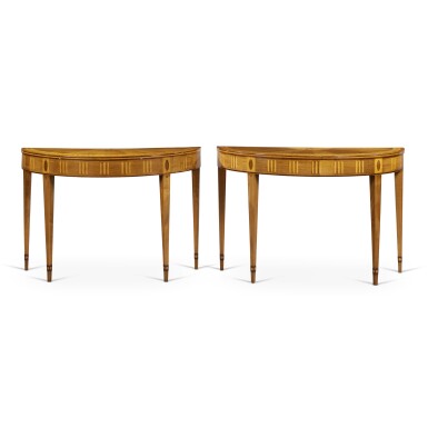 View full screen - View 1 of Lot 124. A Near Pair of Irish George III Harewood, Satinwood, Sycamore, Tulipwood, Amaranth and Marquetry Demilune Side Tables attributed to William Moore of Dublin, Circa 1785.
