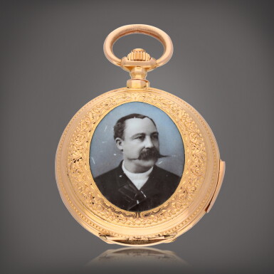 View full screen - View 1 of Lot 438. A gold and enamel hunting cased quarter repeating keyless lever watch | Circa 1888 .