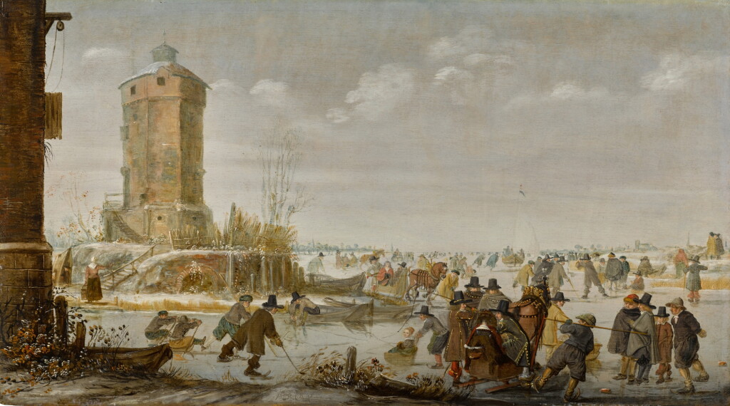 View full screen - View 1 of Lot 21. Skaters, kolf players and elegant figures with horse-drawn sleighs on a frozen river by a tower.
