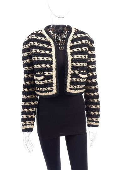 View full screen - View 1 of Lot 91. BLACK AND WHITE KNITTED JACKET, CHANEL.