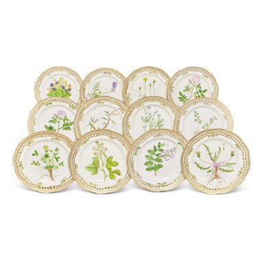 View full screen - View 1 of Lot 541. Twelve Royal Copenhagen 'Flora Danica' Reticulated Dessert Plates, Modern.