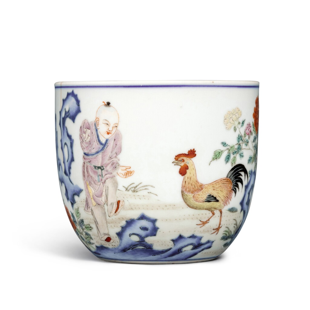 View full screen - View 1 of Lot 81. A famille-rose 'chicken and boy' cup, Seal mark and period of Qianlong | 清乾隆 粉彩題詩雞缸盃 《大清乾隆仿古》款.