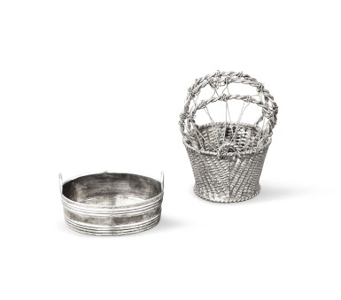 View full screen - View 1 of Lot 30. A Dutch silver miniature laundry bucket and a three handled basket covered with a net, Johannes Adrianus van Geffen, Amsterdam, 1783 and 1782 | Adrianus van Geffen, Amsterdam, 1783 et 1782.