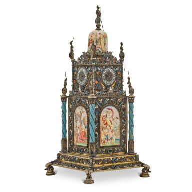 View full screen - View 1 of Lot 144. An enameled Austrian silver clock, early 20th century.