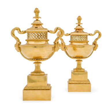 View full screen - View 1 of Lot 60. A pair of Directoire gilt-bronze urns, late 18th century.