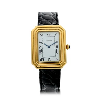 View full screen - View 1 of Lot 65. CHRISTALLOR A YELLOW GOLD RECTANGULAR WRISTWATCH WITH TRIPLE-STEP BEZEL, CIRCA 1970.
