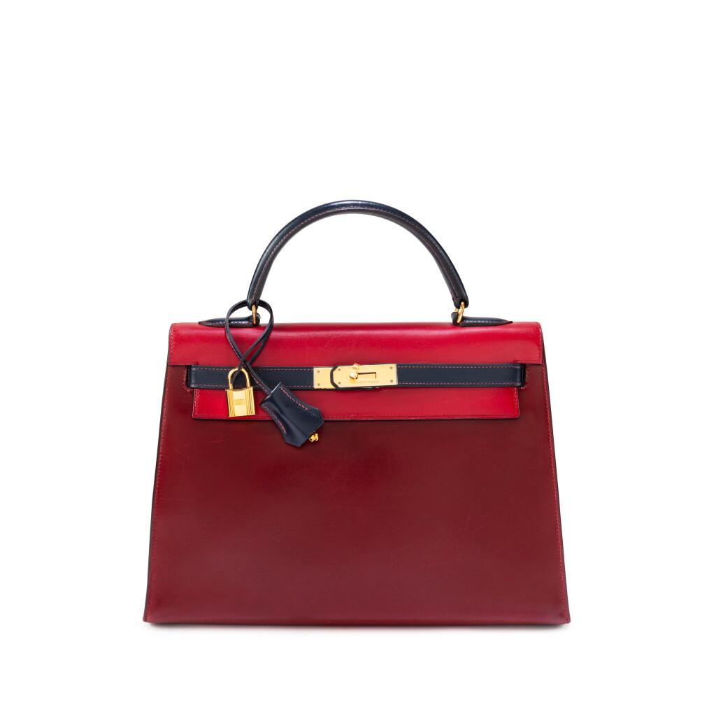View full screen - View 1 of Lot 596. Rouge H, Rouge Vif, Bleu Marine Calfbox Kelly 32 Tricolore Sellier Gold Hardware, 1982.