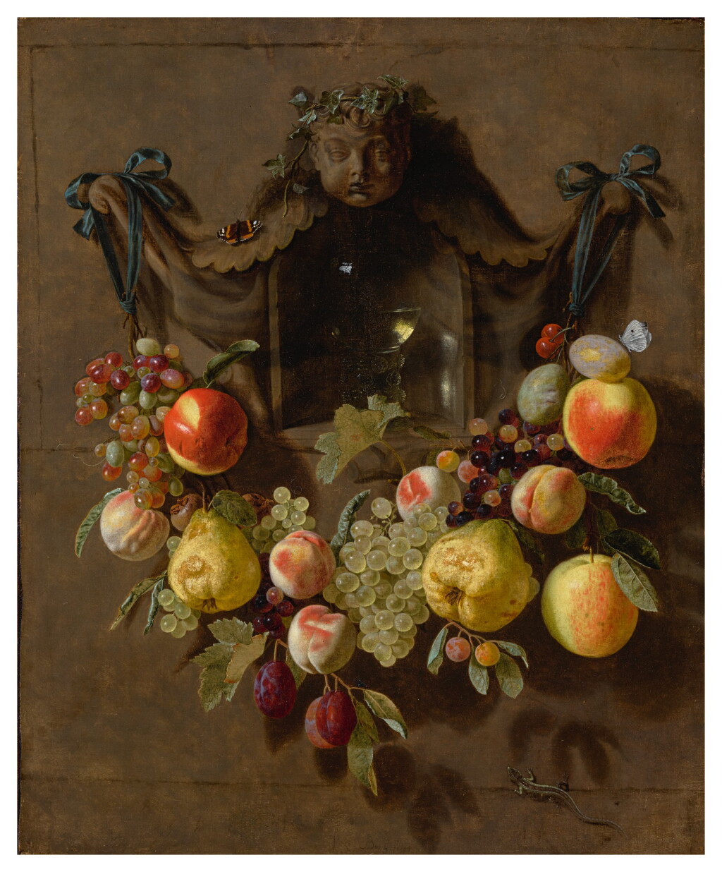 View full screen - View 1 of Lot 86. Sold Without Reserve | PIETER VAN DEN BOSCH THE YOUNGER | A TROMPE L'OEIL STILL LIFE WITH A SWAG OF GRAPES, PEARS, PEACHES, APPLES, PLUMS, AND BUTTERFLIES DECORATING A NICHE WITH A GLASS ROEMER.