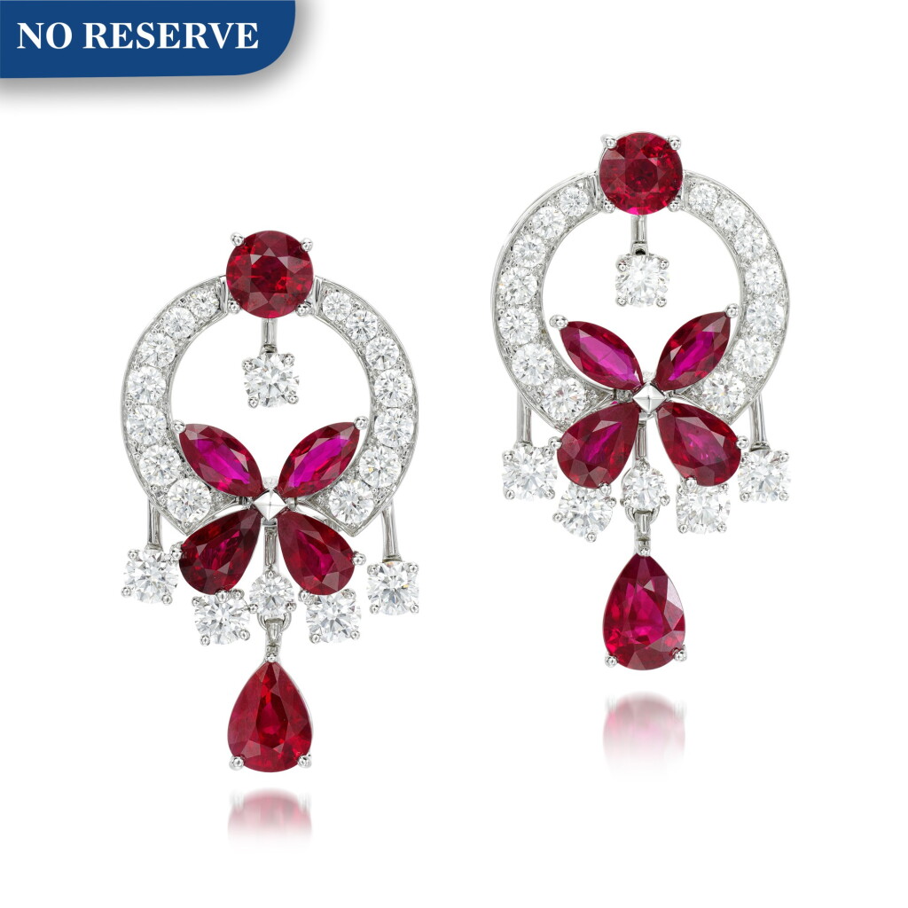 View full screen - View 1 of Lot 86. Pair of ruby and diamond earrings, 'Mini Butterfly'.