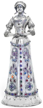A GERMAN SILVER AND GEM SET FIGURAL JEWEL CABINET, PSEUDO MARKS, HANAU, CIRCA 1890