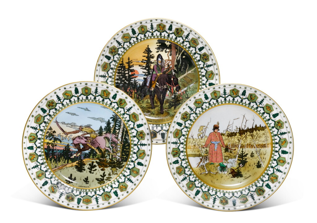 View full screen - View 1 of Lot 146. A set of three porcelain plates with fairy tale scenes, Kornilov Porcelain Factory, St Petersburg, 1903-1917.