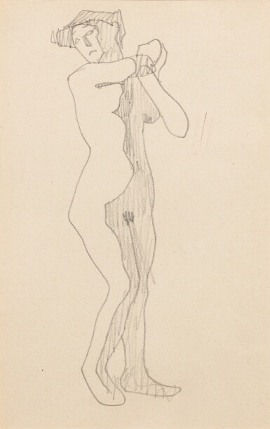 View full screen - View 1 of Lot 249. Femme nue debout de trois quarts vers la droite, mains réunies au niveau de l'épaule gauche.
