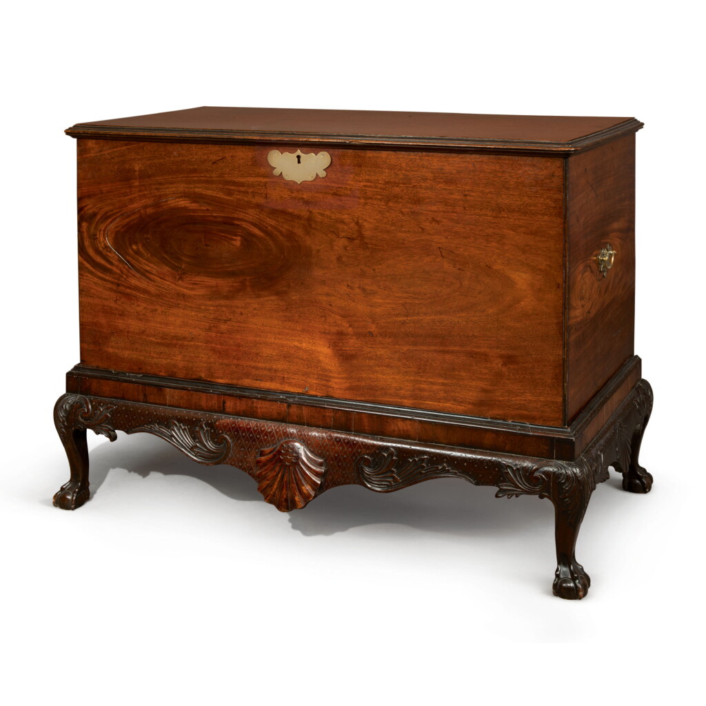 View full screen - View 1 of Lot 525. AN IRISH GEORGE II MAHOGANY CHEST ON STAND, MID-18TH CENTURY.