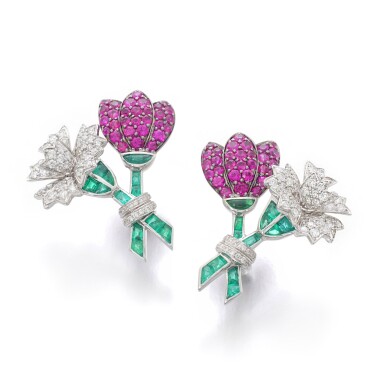 View full screen - View 1 of Lot 11. MICHELE DELLA VALLE | PAIR OF RUBY, EMERALD AND DIAMOND EAR CLIPS.