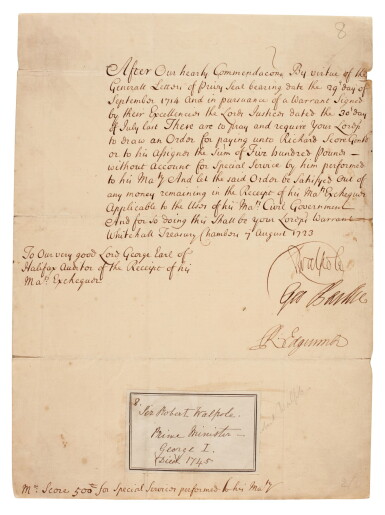 View full screen - View 1 of Lot 122. Robert Walpole | document signed, ordering a payment, 7 August 1723.