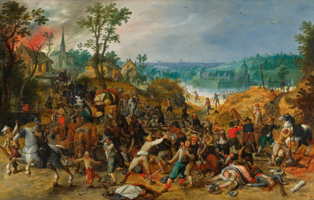 View full screen - View 1 of Lot 20. SEBASTIAEN VRANCX | An extensive landscape with marauders hijacking wagon, a moated castle and the city of Antwerp beyond | 塞巴斯蒂安・弗蘭克斯 | 《強盜搶劫馬車,遠眺被護城河圍繞的城堡與安特衛普城景》.
