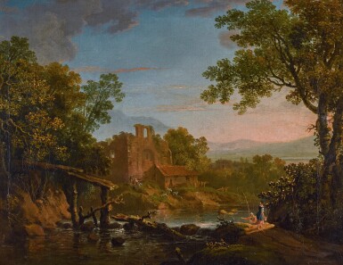View full screen - View 1 of Lot 197. A classical landscape with figures in the foreground, ruins and mountains beyond.