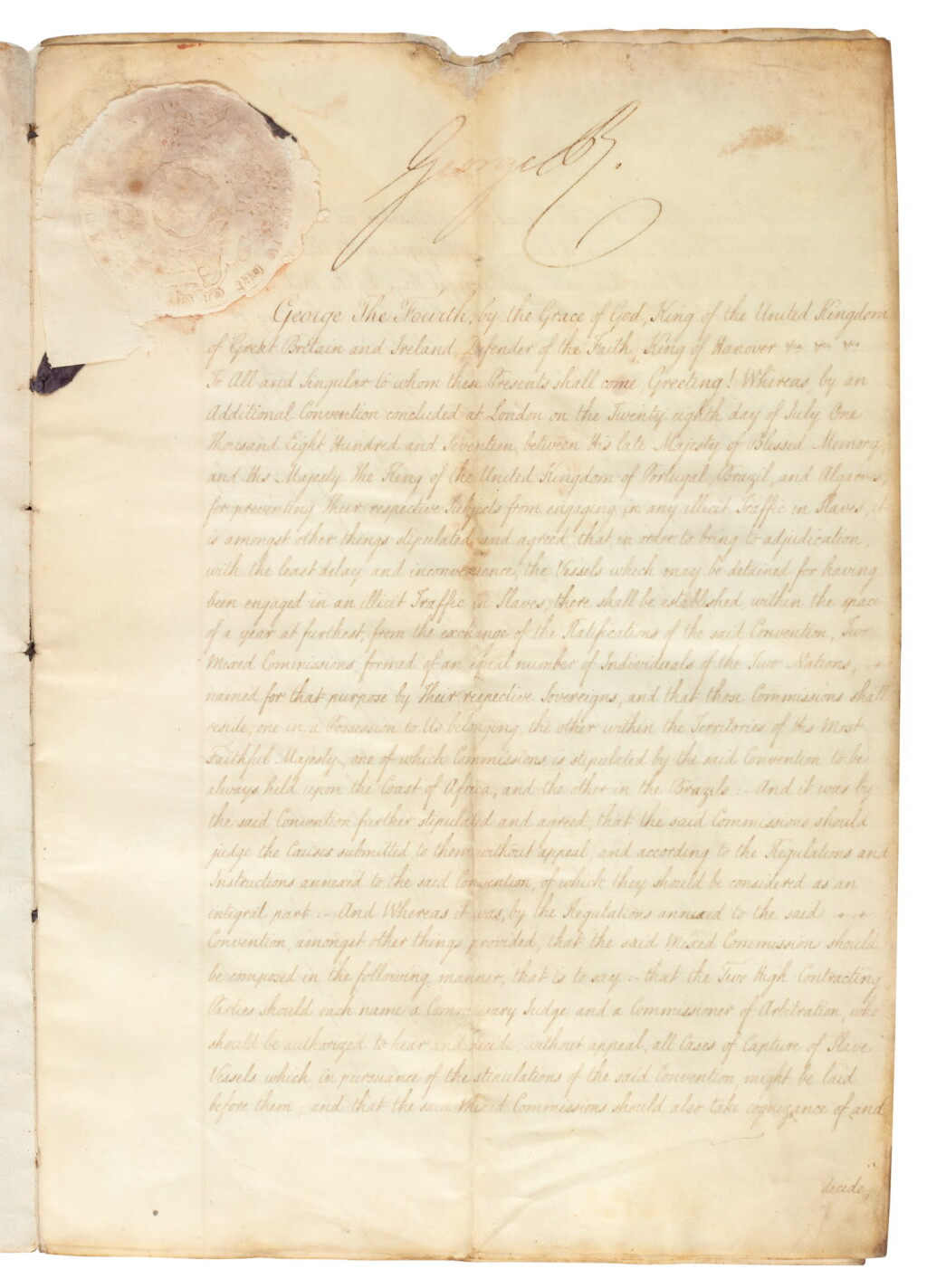 View full screen - View 1 of Lot 223. King George IV | Document signed, appointing a commissioner to a court responsible for emancipating slaves, 1824.