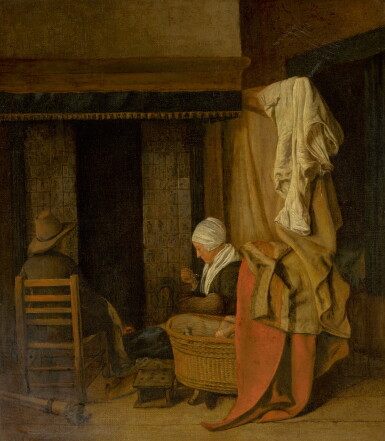 View full screen - View 1 of Lot 50. ESAIAS BOURSSE | Cottage interior with a peasant family sitting by a fireplace.