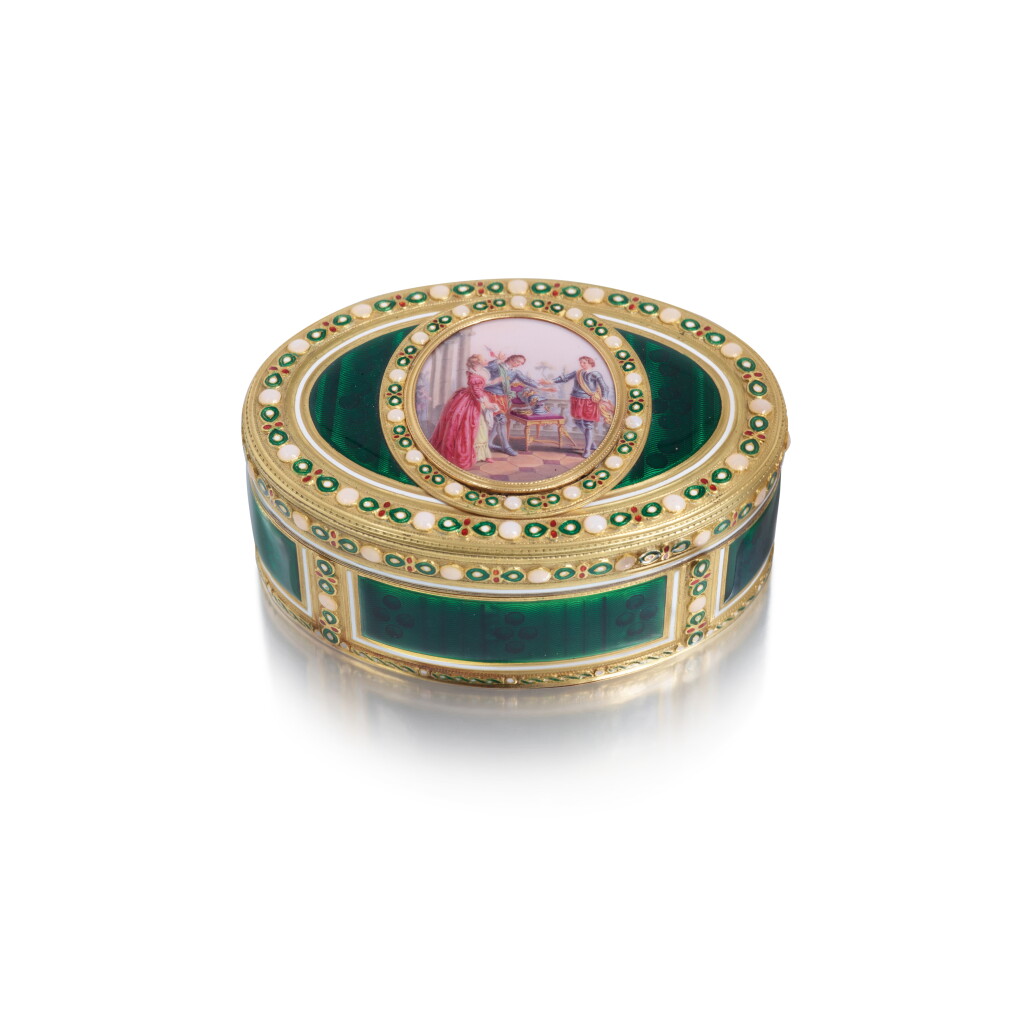 View full screen - View 1 of Lot 218. A Gold and Enamel Snuff Box, Nineteenth Century in Earlier Taste.