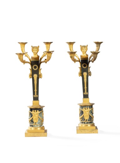 View full screen - View 1 of Lot 50. Pair of patinated and gilt-bronze candelabra, Empire, signed Rabiat | Paire de candélabres à tête de Mercure en bronze patiné et doré d'époque Empire signés Rabiat.