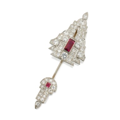 View full screen - View 1 of Lot 8. Ruby and Diamond Jabot Brooch.