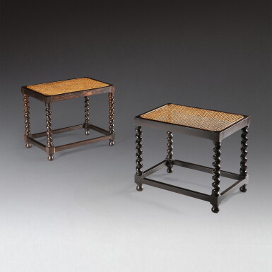 View full screen - View 1 of Lot 121. A set of four ebony barley-twist stools, circa 2000 | Ensemble de quatre tabourets en ébène, vers 2000.