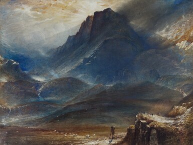 View full screen - View 1 of Lot 174. A shepherd and his flock in a mountainous landscape.