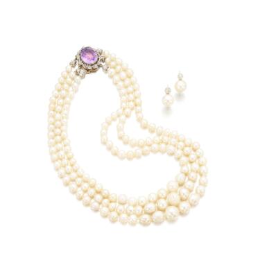 View full screen - View 1 of Lot 629. Natural pearl, amethyst and diamond necklace, mid-19th century, and a pair of cultured pearl earrings.