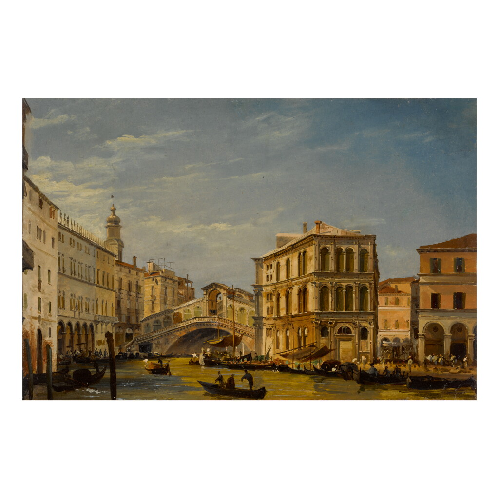 View full screen - View 1 of Lot 120. IPPOLITO CAFFI | VENICE, A VIEW OF THE GRAND CANAL WITH THE RIALTO BRIDGE AND THE PALAZZO DEI CAMERLENGHI.