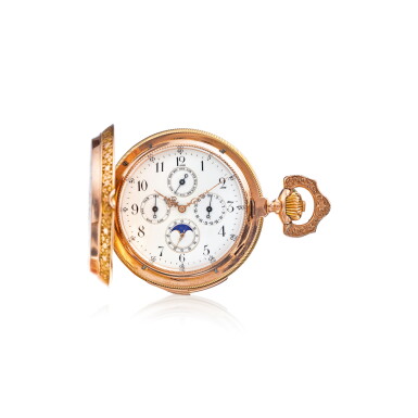 View full screen - View 1 of Lot 1018. SWISS | A LARGE AND UNUSUAL PINK GOLD HUNTING CASED MINUTE REPEATING TRIPLE CALENDAR WATCH WITH MOON PHASES AND CONTRACT CASE MADE FOR THE GERMAN MARKET, CIRCA 1914 | 瑞士製 |大型粉紅金三問全日曆懷錶備月相顯示,為德國市場製造,年份約1914.