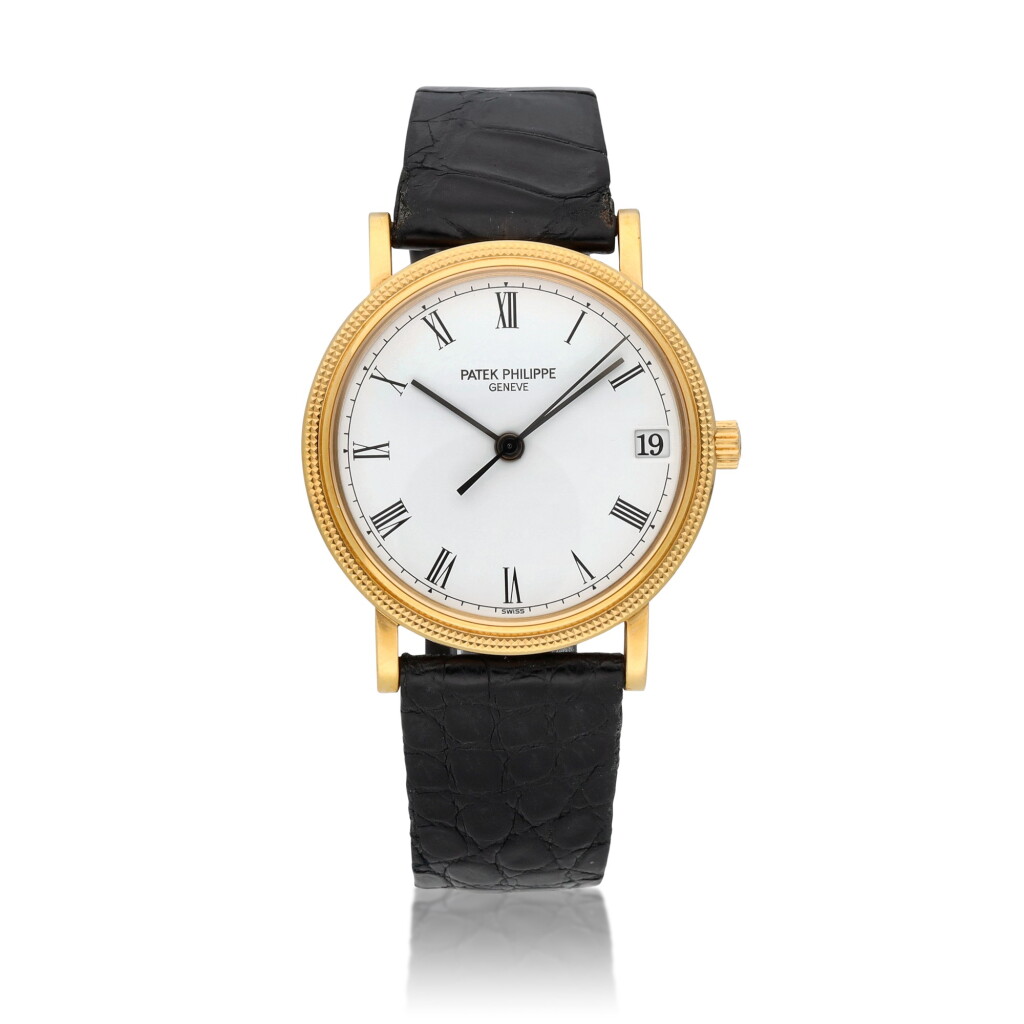 View full screen - View 1 of Lot 24. 'Clous de Paris' Calatrava, ref. 3802/200 Yellow Gold wristwatch with date Circa 1991.
