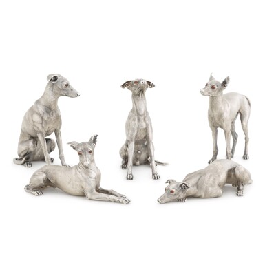 View full screen - View 1 of Lot 51. A possibly unique cased set of five silver greyhound models, Bry & Co., Paris, 20th century.