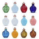 A set of twelve glass 'erotic' snuff bottles | 玻璃雕春宮圖鼻煙壺一套十二件