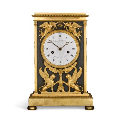 View full screen - View 1 of Lot 40. An Empire gilt and patinated bronze mantel clock, Thomire et Cie, Paris, circa 1820.