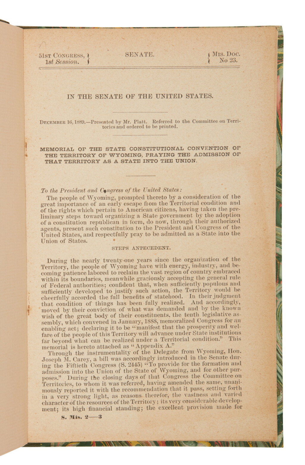 View full screen - View 1 of Lot 259. Wyoming | The formal petition by territorial government for admission into the United States.
