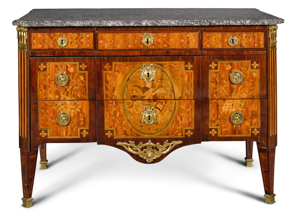View full screen - View 1 of Lot 40. A TRANSITIONAL KINGWOOD, TULIPWOOD AND SYCAMORE MARQUETRY COMMODE, CIRCA 1775.