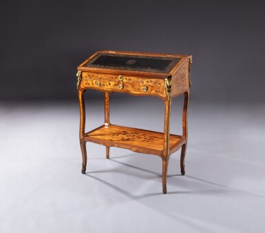 View full screen - View 1 of Lot 124. A Louis XV gilt-bronze mounted tulipwood, kingwood and amaranth veneered writing desk, circa 1750, stamped by Nicolas Petit | Meuble à écrire en marqueterie de bois de rose, bois de violette, amarante et bronze doré d'époque Louis XV, vers 1750, estampillépar Nicolas Petit.