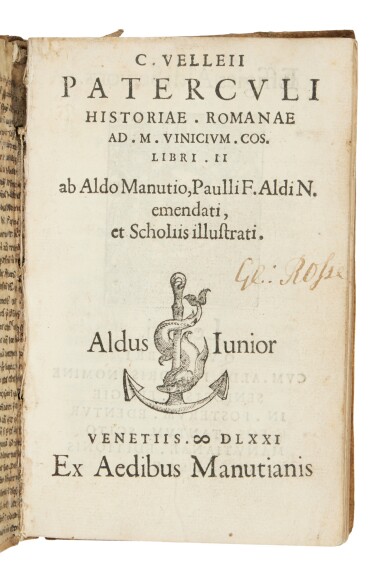 View full screen - View 1 of Lot 1525. Velleius Paterculus, Historiae Romanae, Venice, Aldo II Manuzio, 1571, contemporary vellum.