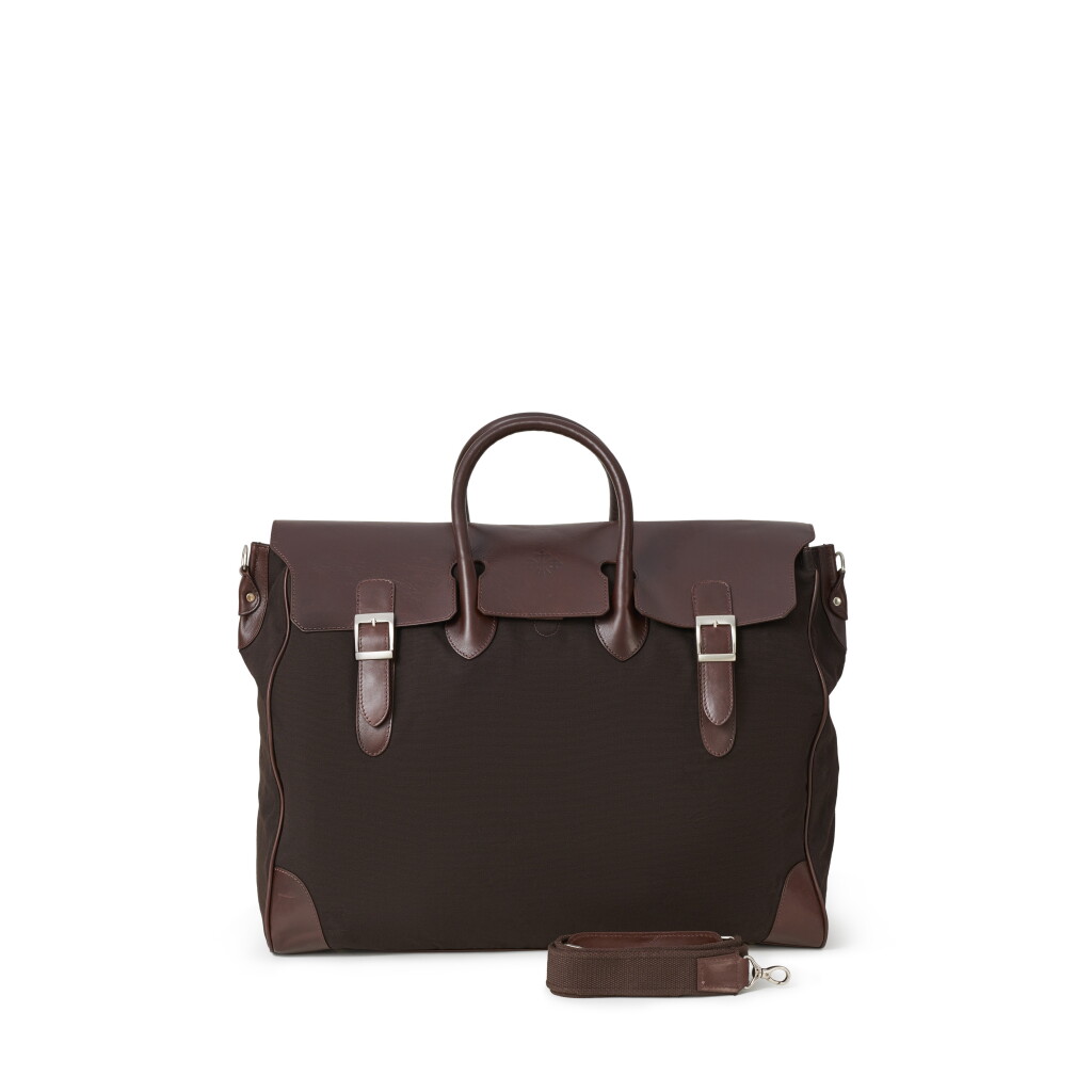 View full screen - View 1 of Lot 231. Brown leather and canvas travelling bag.