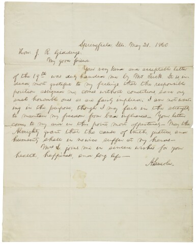 View full screen - View 1 of Lot 2129. Lincoln, Abraham. Autograph letter signed, to Joshua Reed Giddings, 21 May 1860.