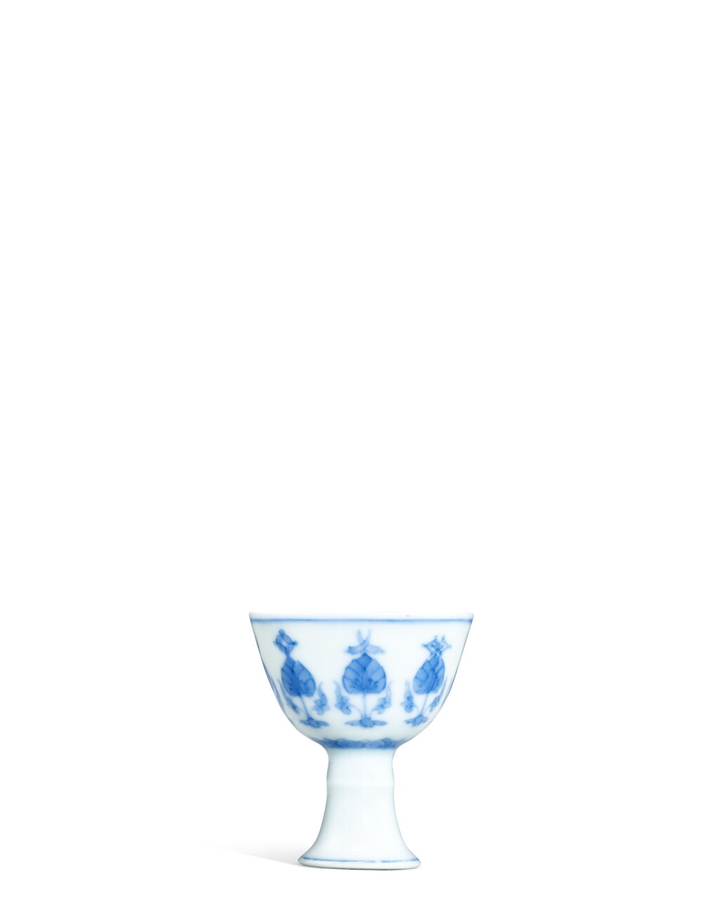 View full screen - View 1 of Lot 9818. A fine and very rare miniature blue and white 'Eight Treasures' stem cup, Mark and period of Yongzheng | 清雍正 青花番蓮托八寶紋高足小盃 《大清雍正年製》款.