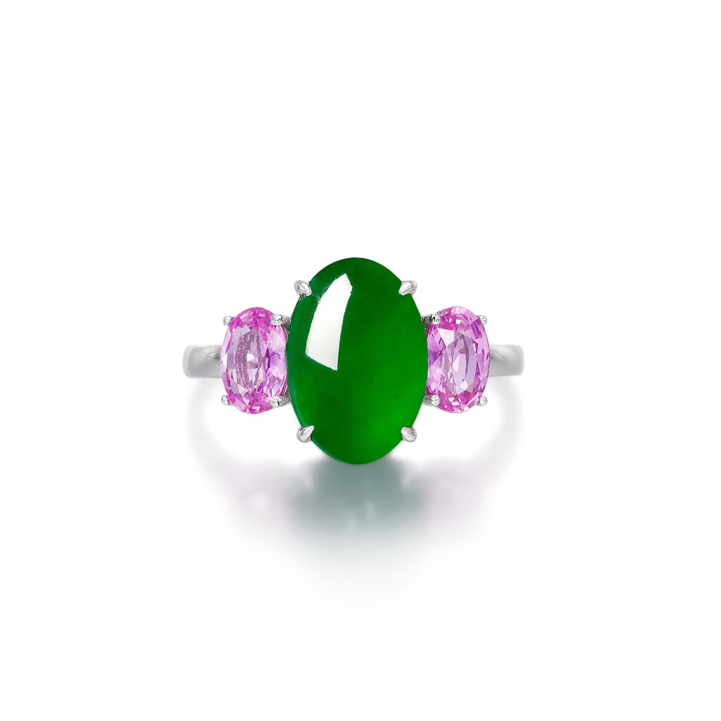 View full screen - View 1 of Lot 295. Jadeite and Pink Sapphire Ring | 天然翡翠 配 粉紅色剛玉 戒指.