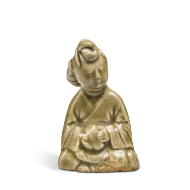 View full screen - View 1 of Lot 301. A rare miniature 'Yaozhou' celadon-glazed figure of a lady, Northern Song / Jin dynasty | 北宋 / 金 耀州窰青釉仕女坐像.