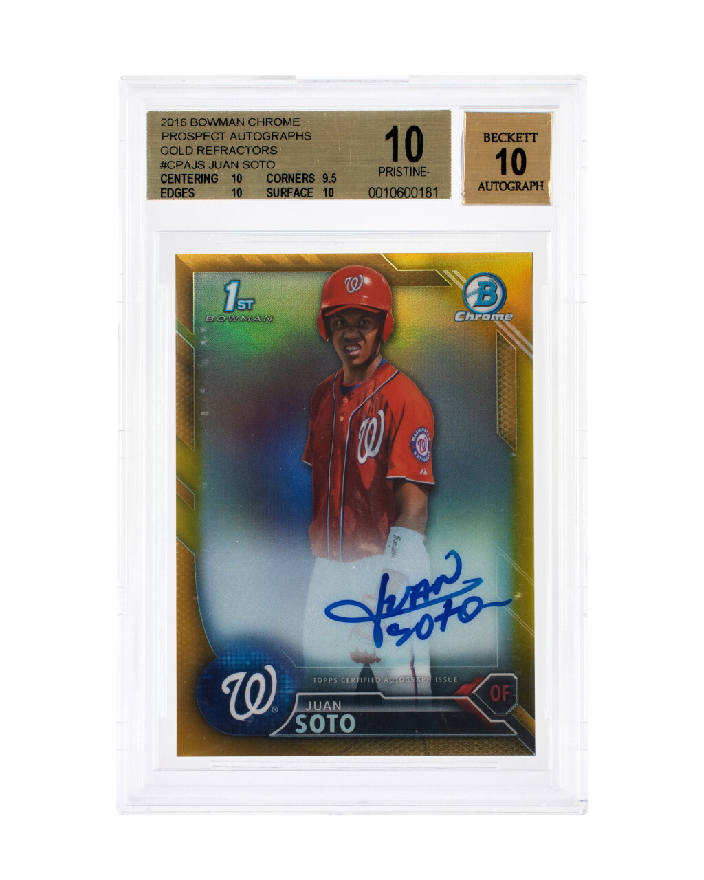 View full screen - View 1 of Lot 17. 2016 Bowman Chrome 1st Bowman Prospect Autograph Gold Refractor #CPA-JS Juan Soto 43/50 - BGS 10/Autograph 10 | Pristine | On-Card Autograph.
