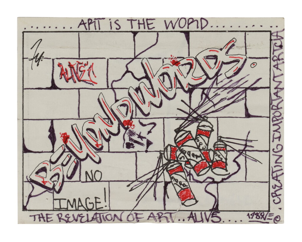View full screen - View 1 of Lot 1018. ORIGINAL INVITATION FOR BEYOND WORDS EXHIBITION WITH DRAWINGS.