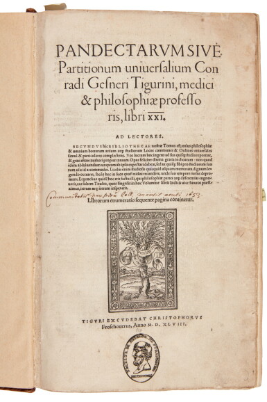 View full screen - View 1 of Lot 1107. Gesner, Pandectarum sive Partitionum universalium libri XXI, Zurich, 1548, later half calf.