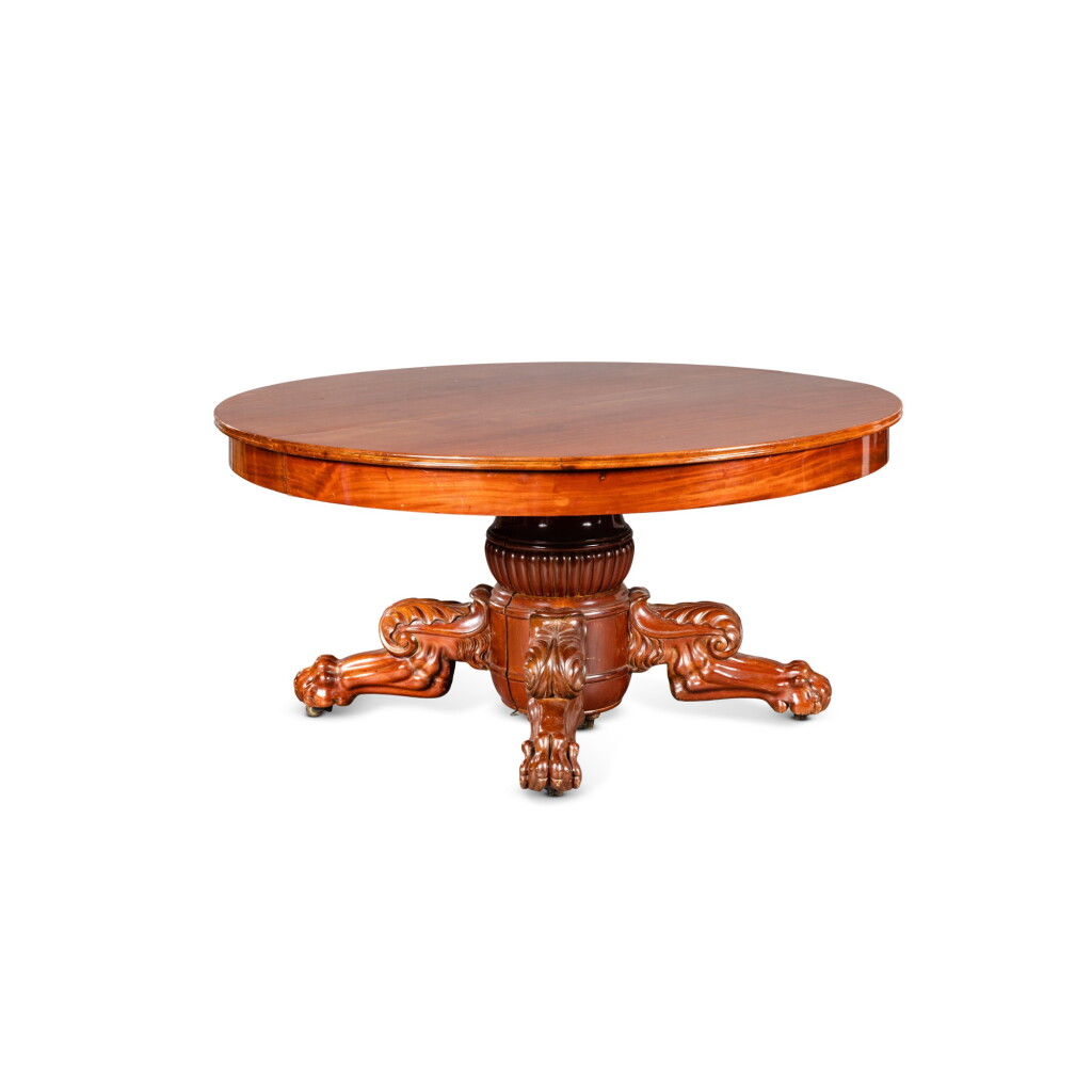 View full screen - View 1 of Lot 329. A Restauration mahogany dining table, circa 1820, by Jacob-Desmalter | Table de salle à manger en acajou d'époque Restauration, vers 1820, par Jacob-Desmalter.