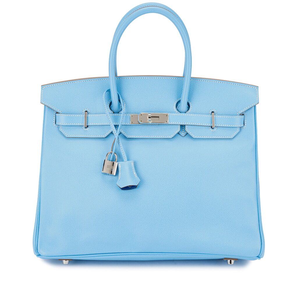 View full screen - View 1 of Lot 557. Limited Edition Bleu Celeste Epsom and Bleu Mykonos Verso Candy Birkin 35 Palladium Hardware, 2011.
